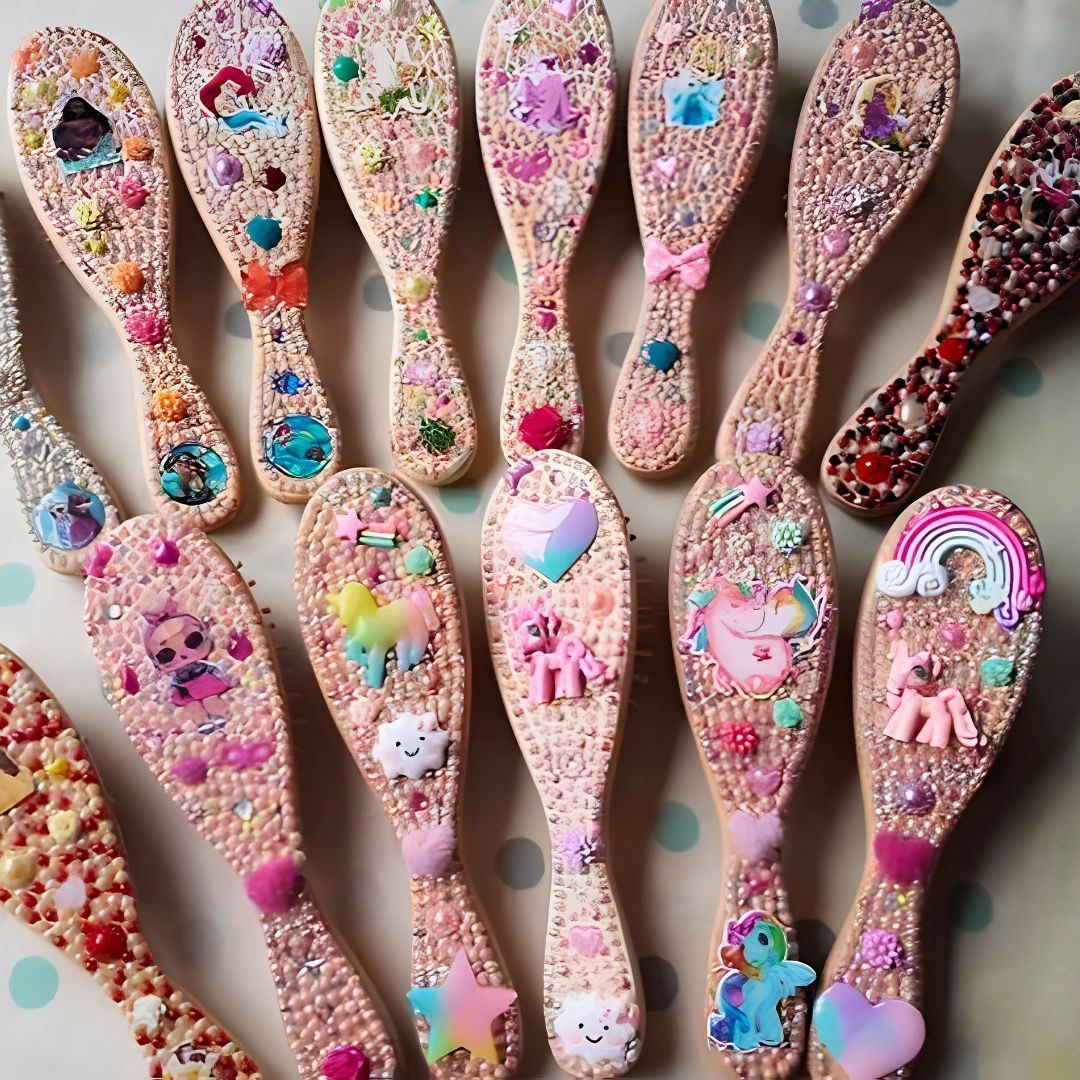 Hairbrushes decorated with rhinestones and charms at a Make It Yours station